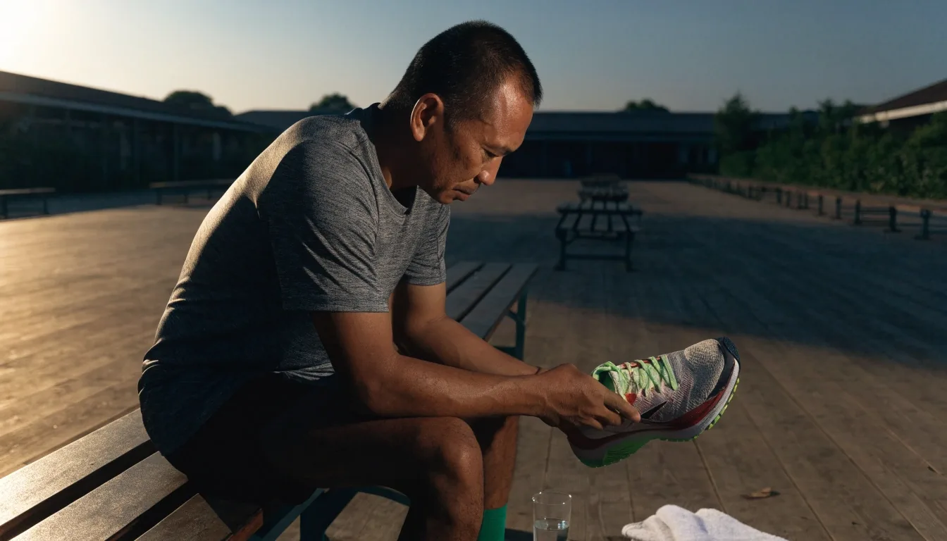 A man sitting on a gym bench at dawn holding a running shoe, a glass of water and folded towel beside him on the boards
