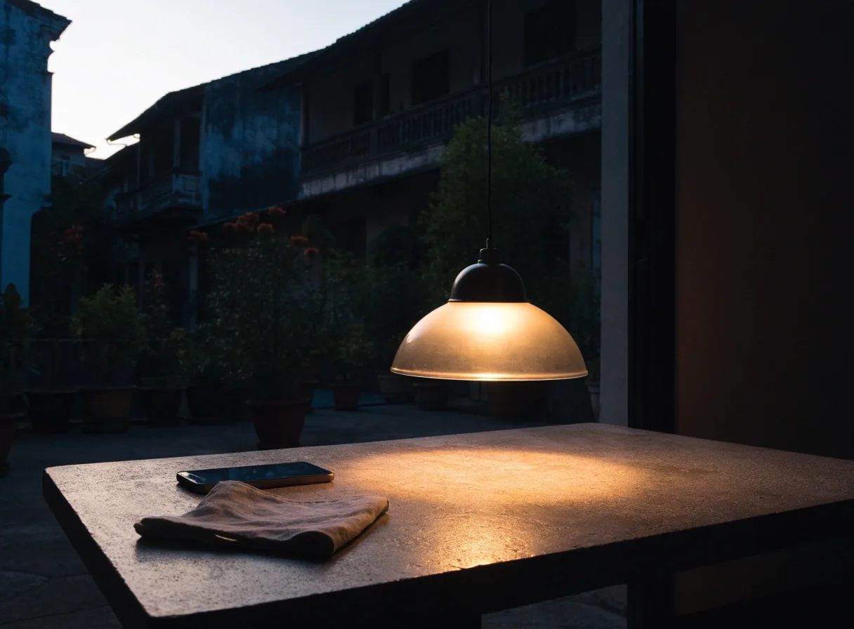 A Bandung courtyard at dusk with a low lamp pooling warm light on a stone table, a folded linen napkin and a phone resting face-down