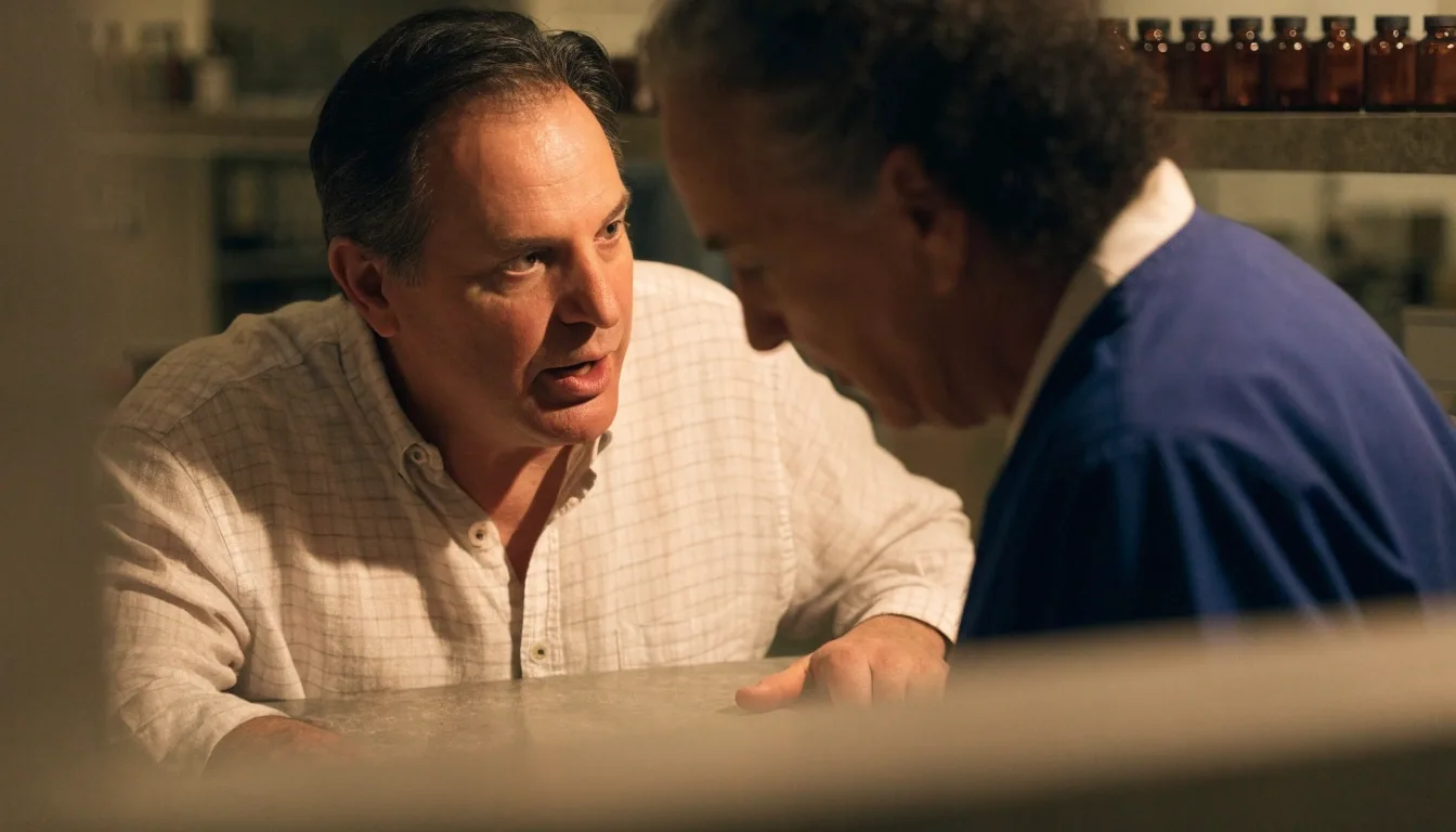 A man speaking with a pharmacist across a warm-lit counter with amber bottles on the shelf behind