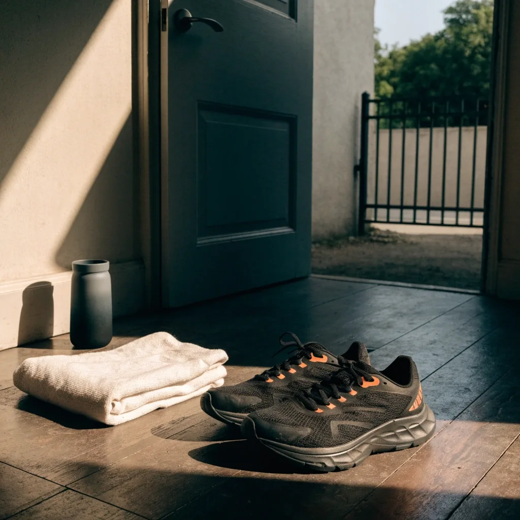 Running shoes drying on a plank floor at a doorway with a folded linen towel and a water tumbler in warm morning light