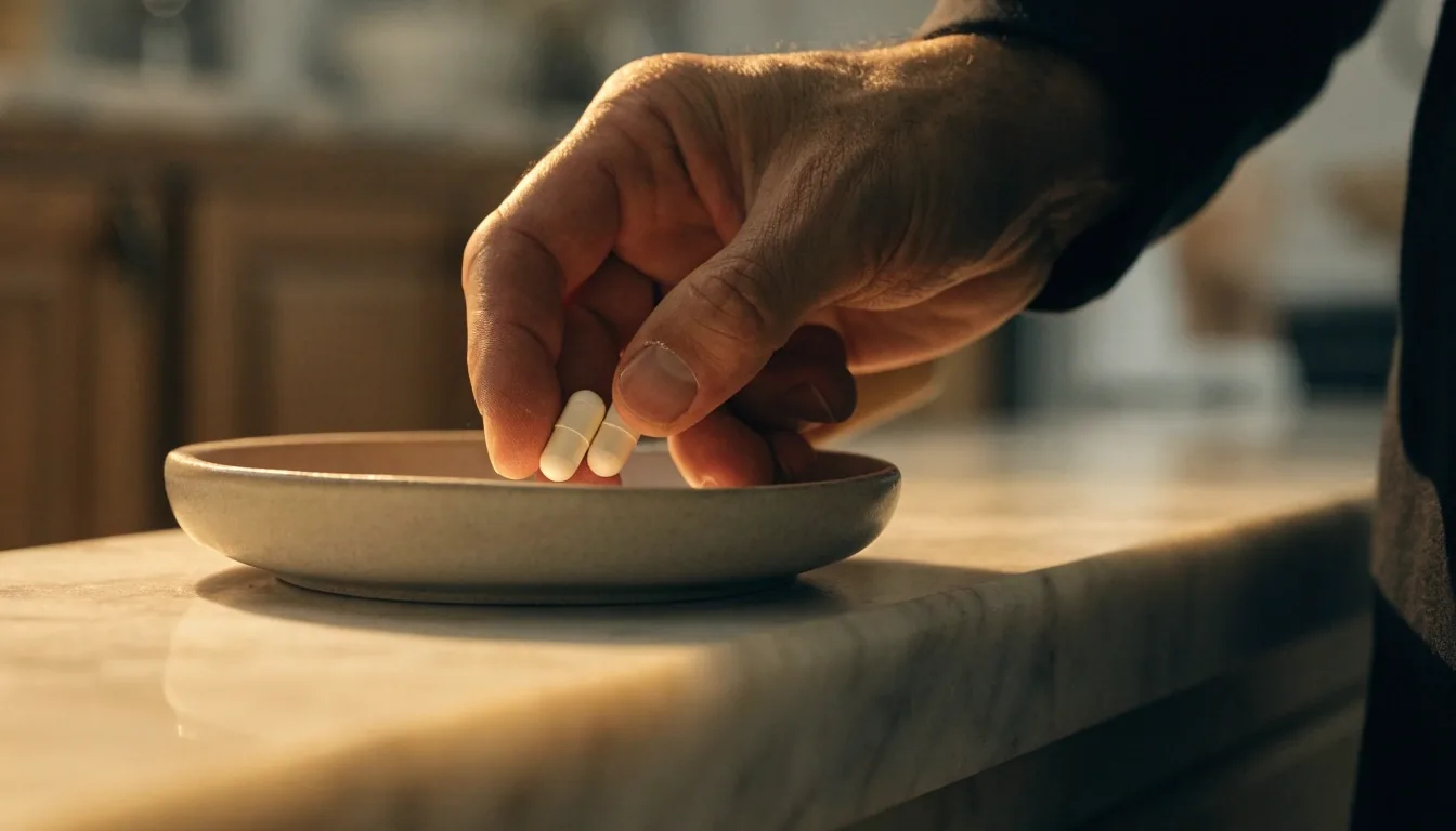 Hands holding two plain capsules over a matte ceramic dish on a warm stone ledge