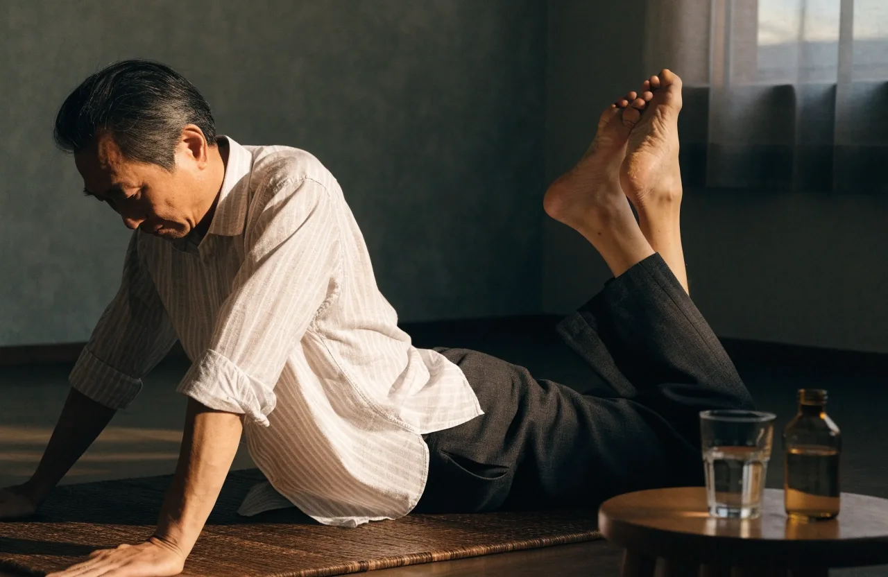 A training shoe resting on a dark plank at dawn, with warm light pooling at the toe and an empty glass set aside
