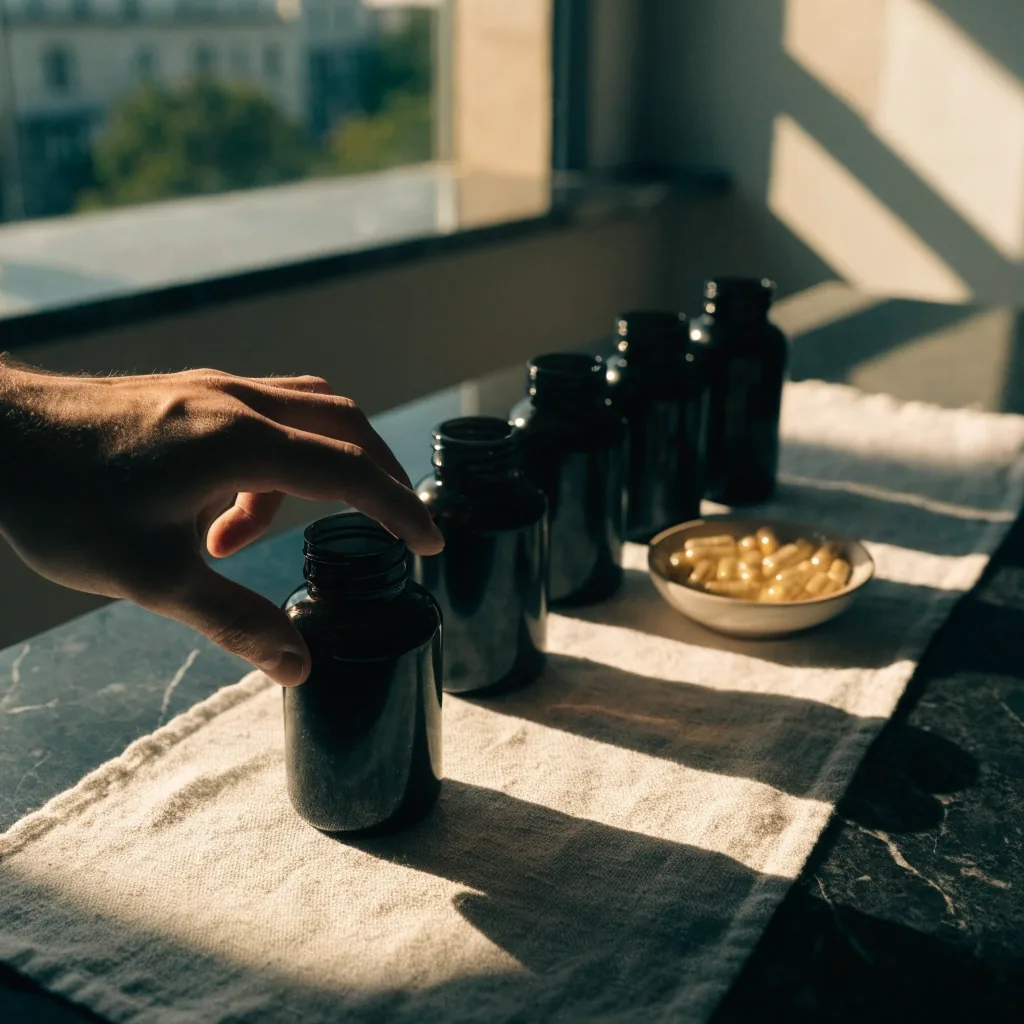 Five unmarked matte glass bottles arranged at different heights on a linen runner with a small dish at the base