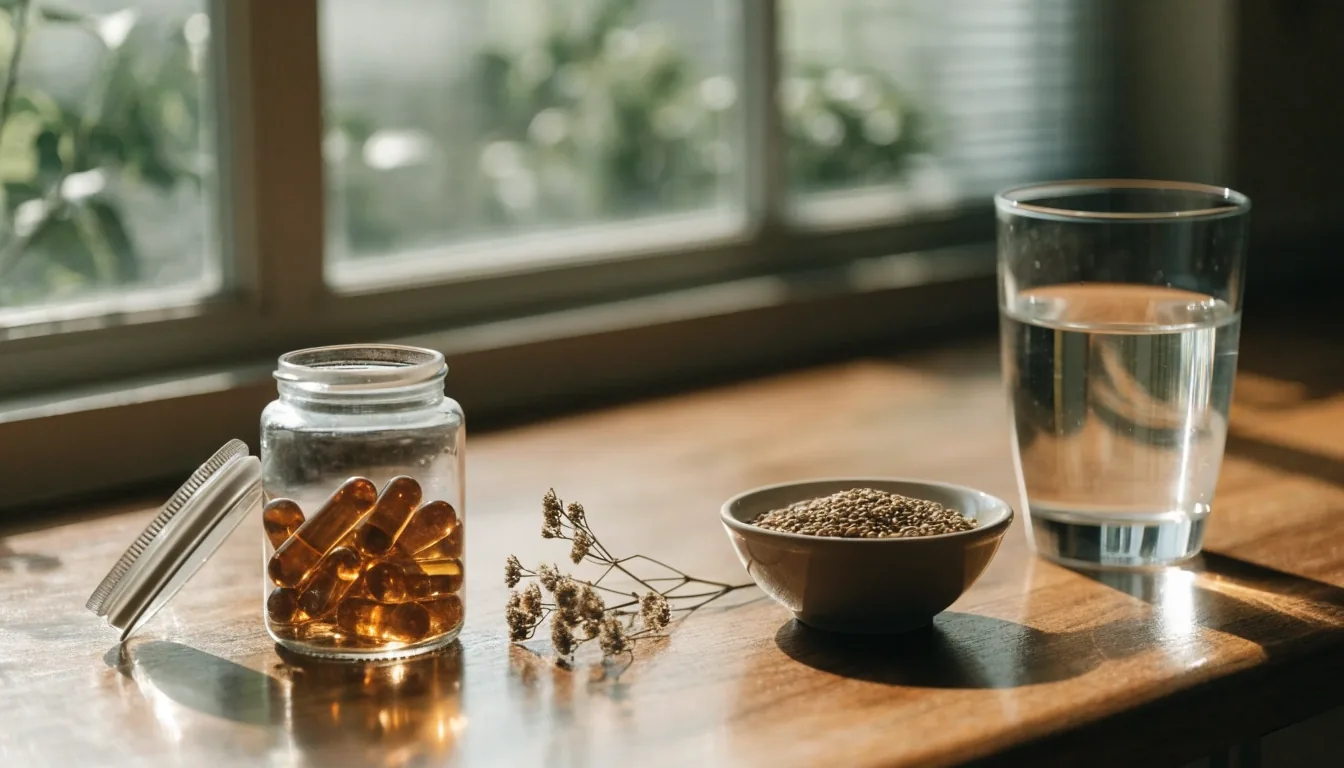 Overhead arrangement of dried botanicals, seeds, soft-gel capsules and a dish of amber oil on stone