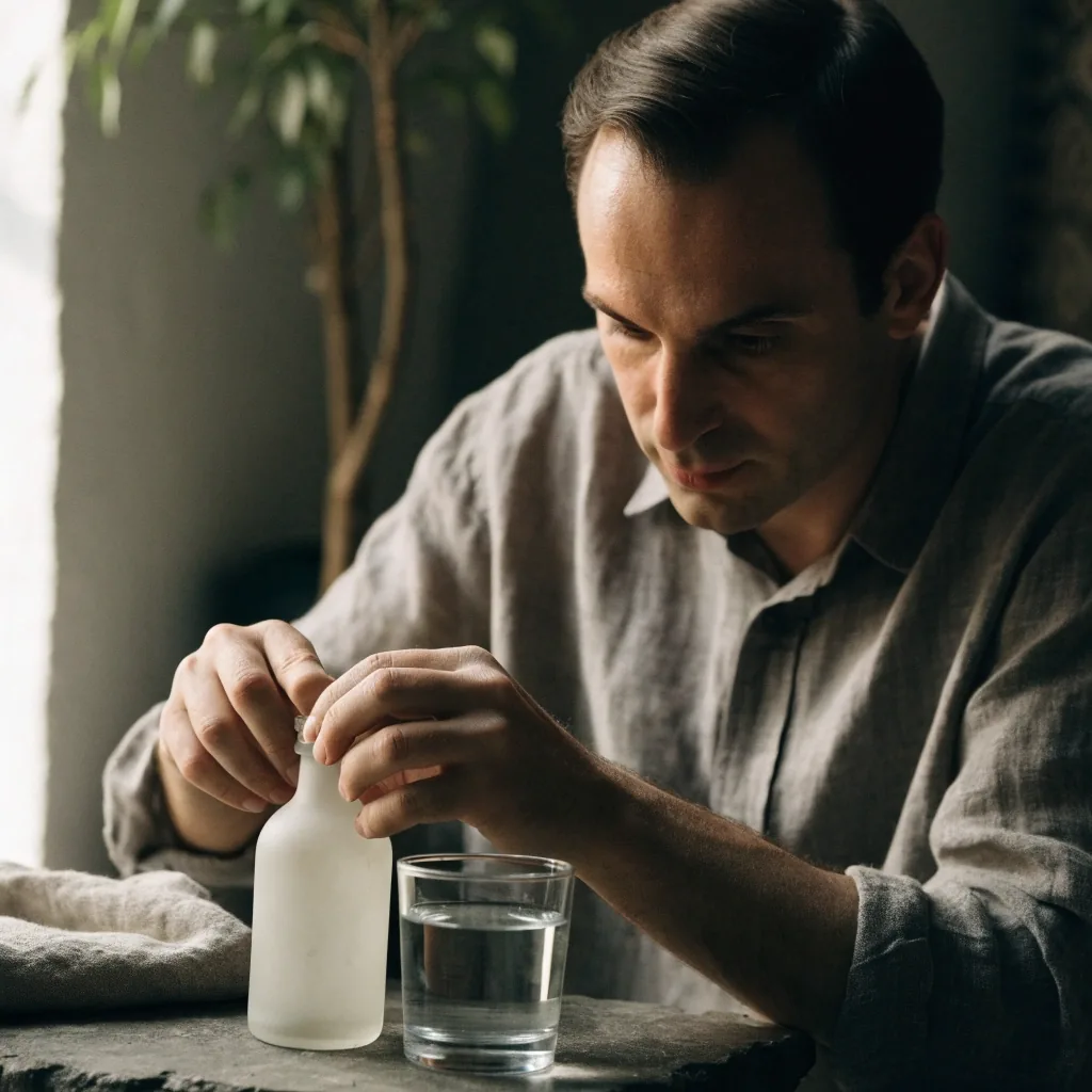 A man in a grey linen shirt sitting at a low stone table, closing a small matte glass bottle with a glass of water beside him