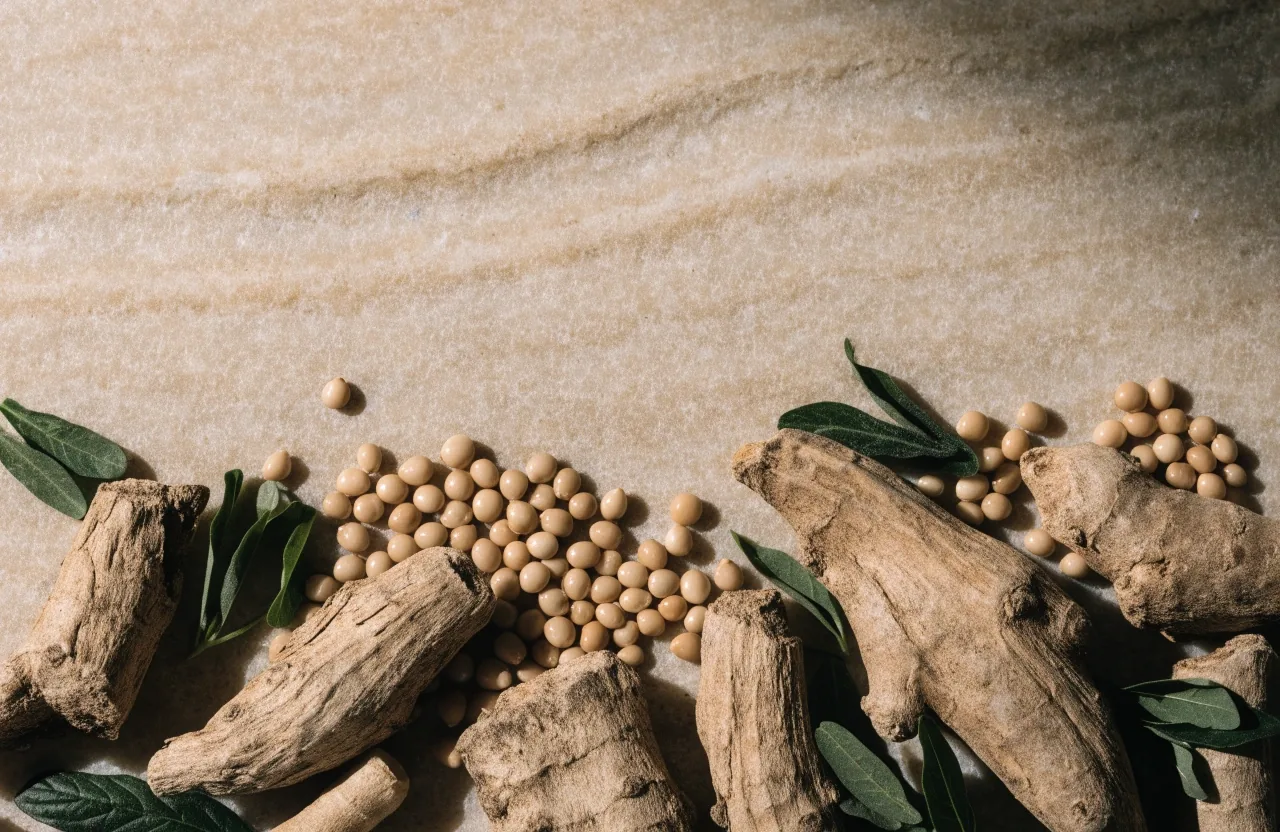 Dried ashwagandha root pieces, seeds, leaves and ginger arranged on a warm stone slab shot from above with empty stone at the top