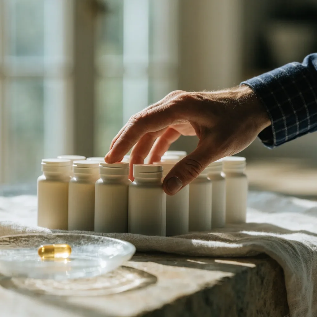 Five unmarked matte-glass supplement bottles of different heights on a linen runner along a stone counter, one capsule in a small ceramic dish at the base