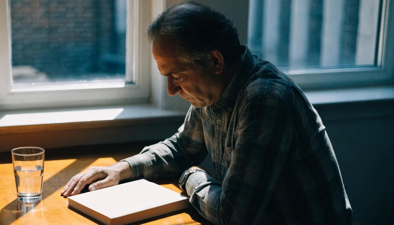 A man seated at a table by a window checking a request with a closed notebook and a glass of water